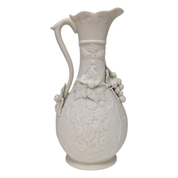 Vtg Embossed Relief Ewer Jug Cream Grape Vine Molded  7" Parian Ware Porcelain - Picture 1 of 10